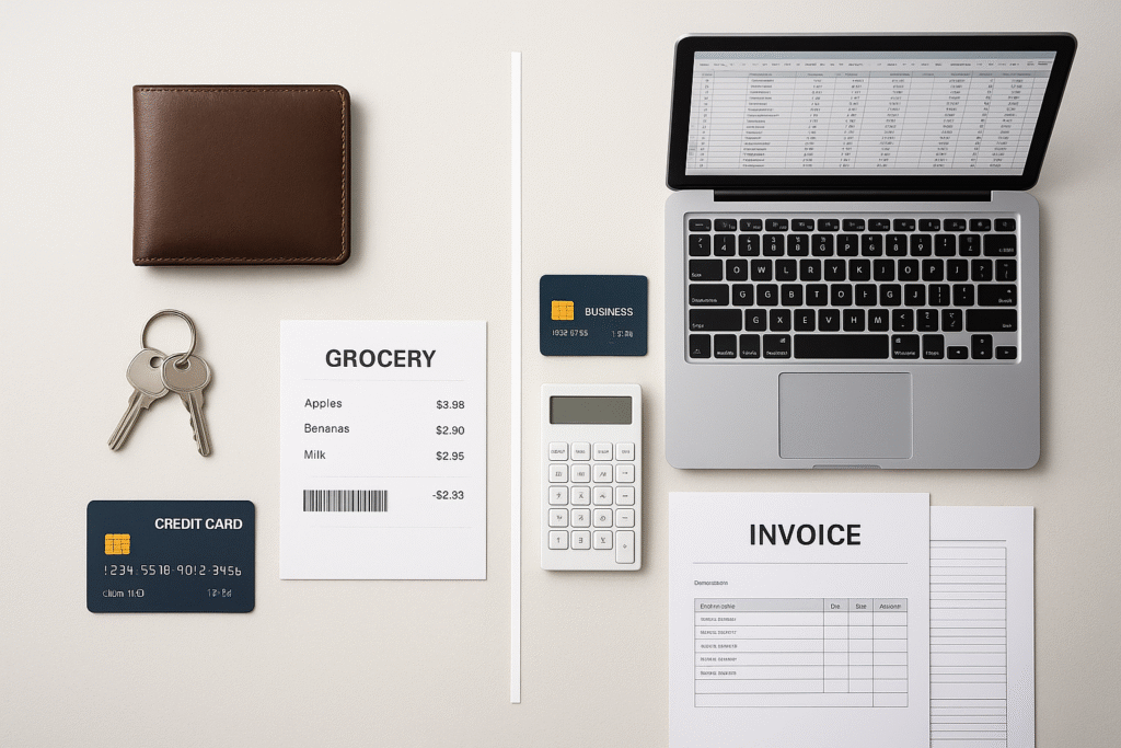 Flat lay of a business owner’s desk showing separation of personal and business finances — personal wallet, keys, grocery receipt, and credit card on one side, and business laptop, calculator, invoices, and business credit card on the other.