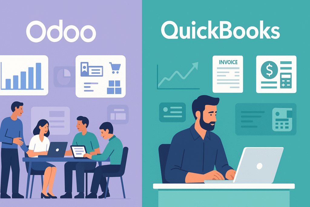 Odoo vs QuickBooks comparison showing ERP teamwork vs simple accounting tasks.