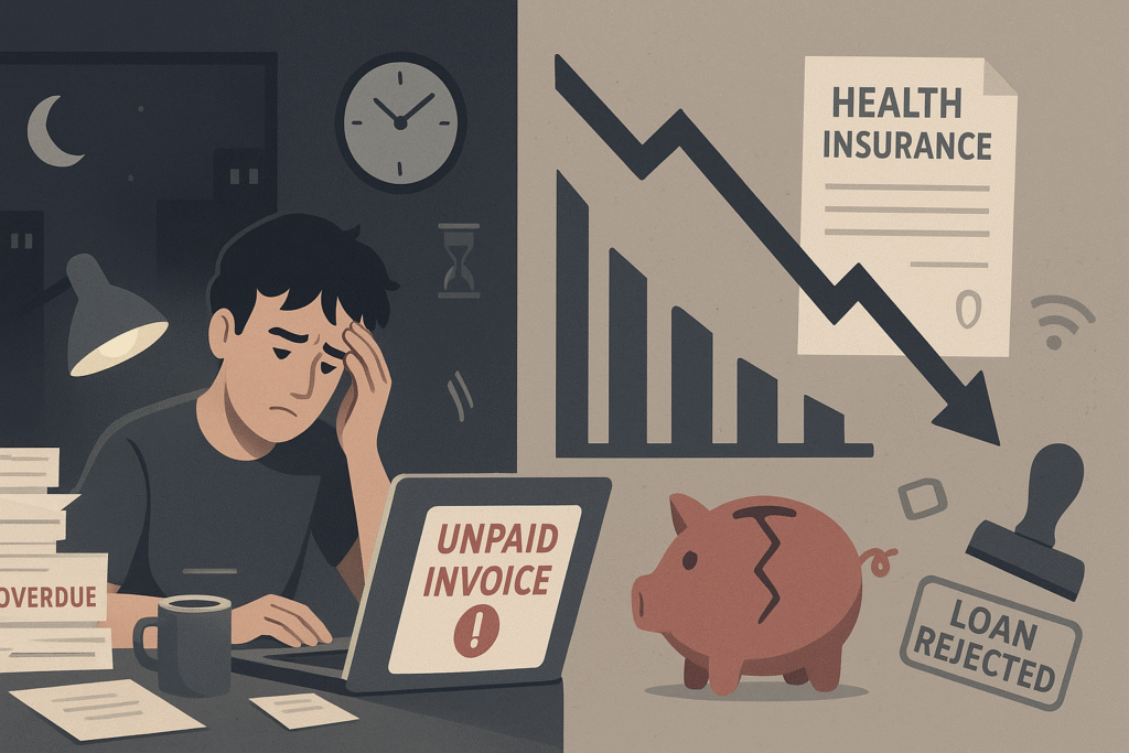 Visual comparison of freelancing benefits and challenges with a smiling man working remotely at a coffee shop versus stressed man handling paperwork at home office.