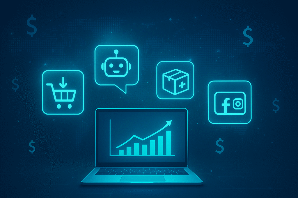 Digital illustration showing a laptop with a rising graph, surrounded by icons of e-commerce shopping cart, AI chatbot, subscription box, and social media platforms (Facebook, Instagram), symbolizing the best online business ideas 2025.