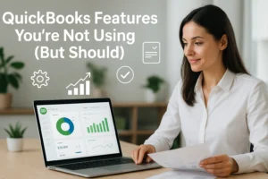 Business owner using QuickBooks on laptop with financial charts and automation icons in a bright modern office.